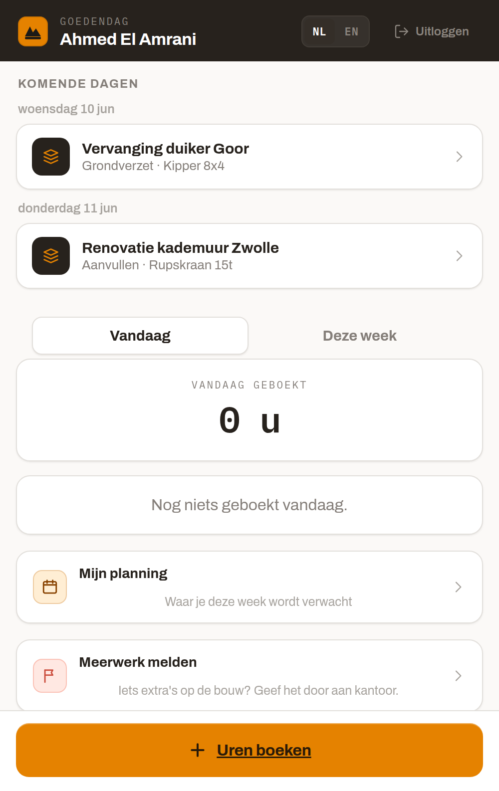 Urenoverzicht in de telefoon-app: vandaag en deze week geboekt, met komende dagen uit de planning