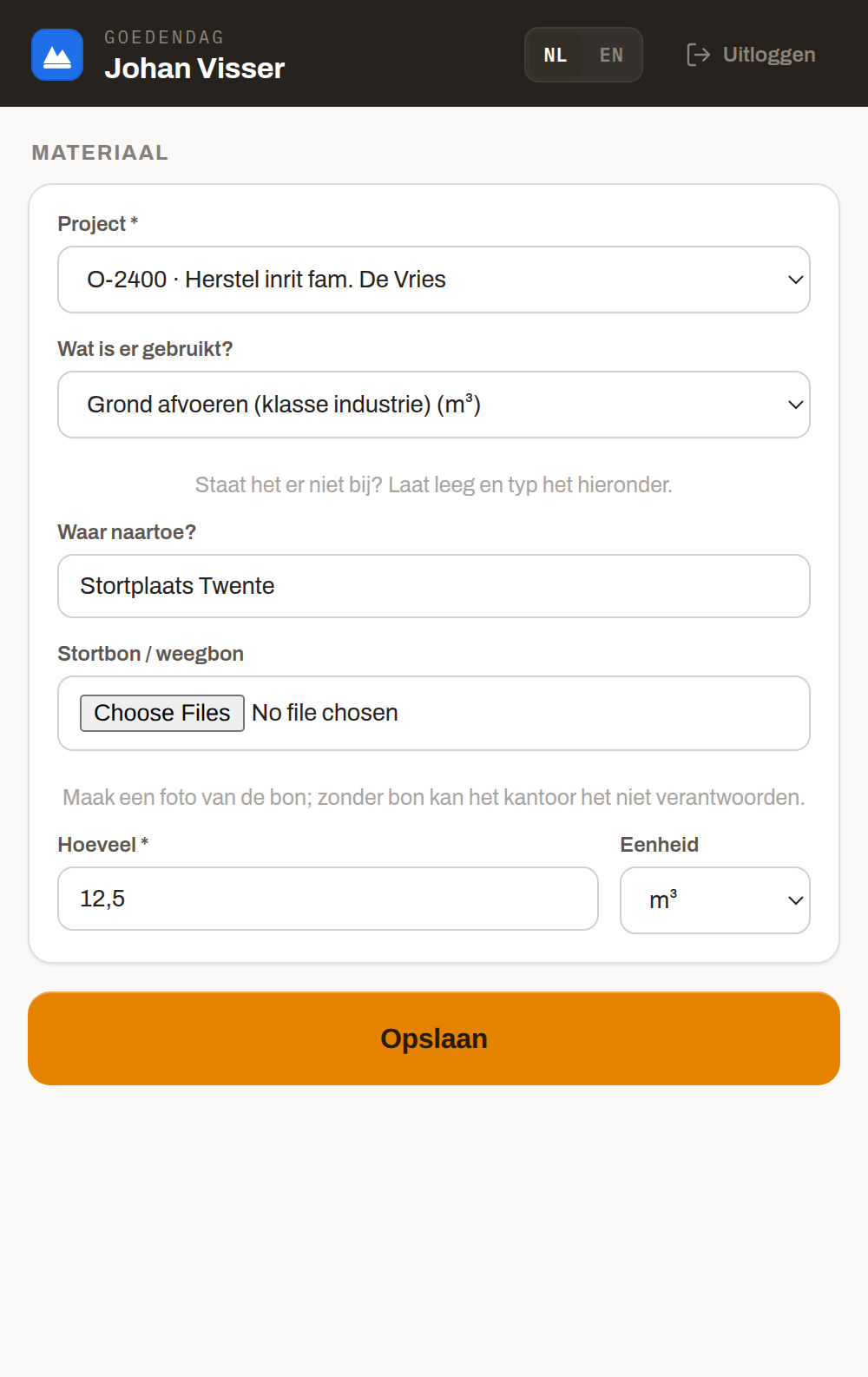 Telefoon-app: afvoer boeken met project, materiaal, waar het naartoe ging, de stortbon en de hoeveelheid