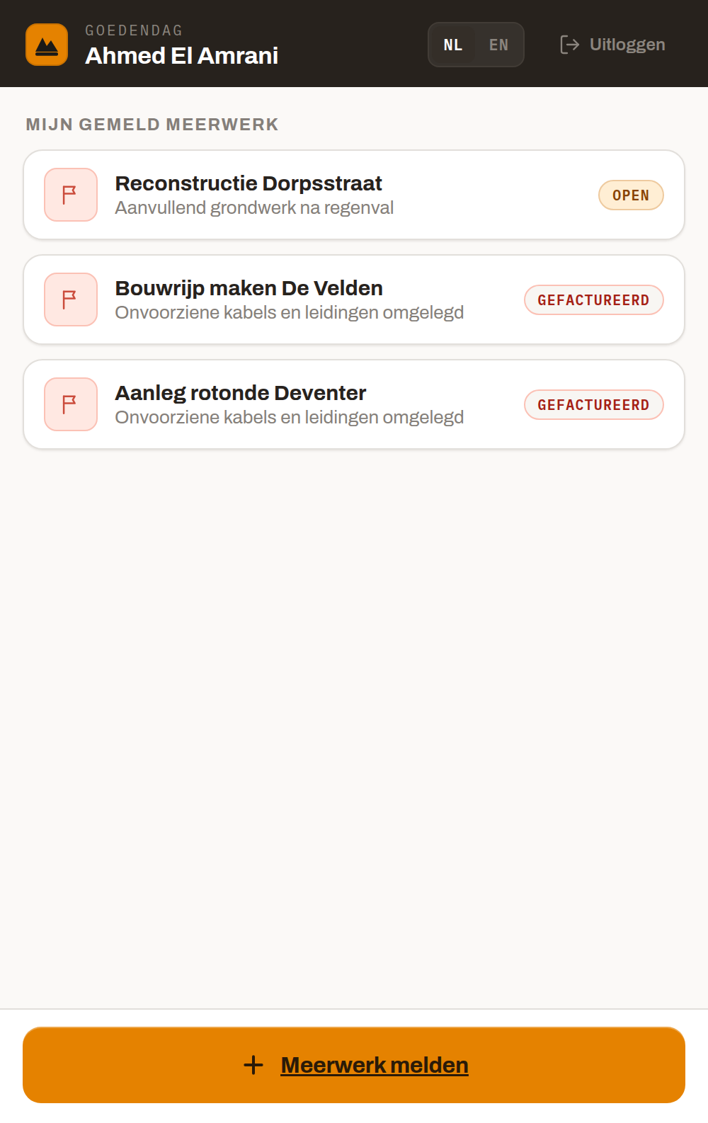Meerwerk-overzicht in de telefoon-app met openstaande meldingen