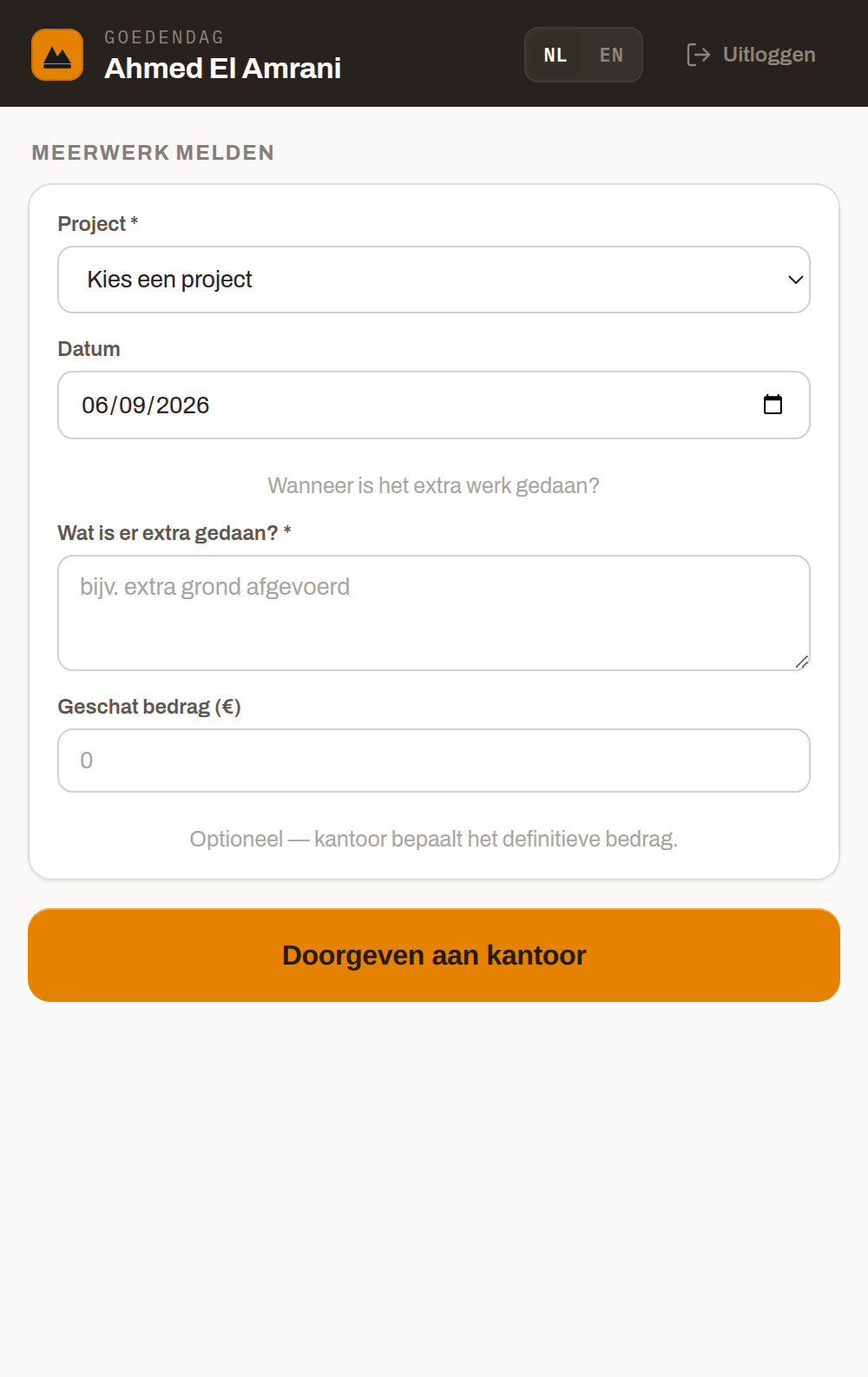 Nieuw meerwerk melden in de telefoon-app: omschrijving en aantal