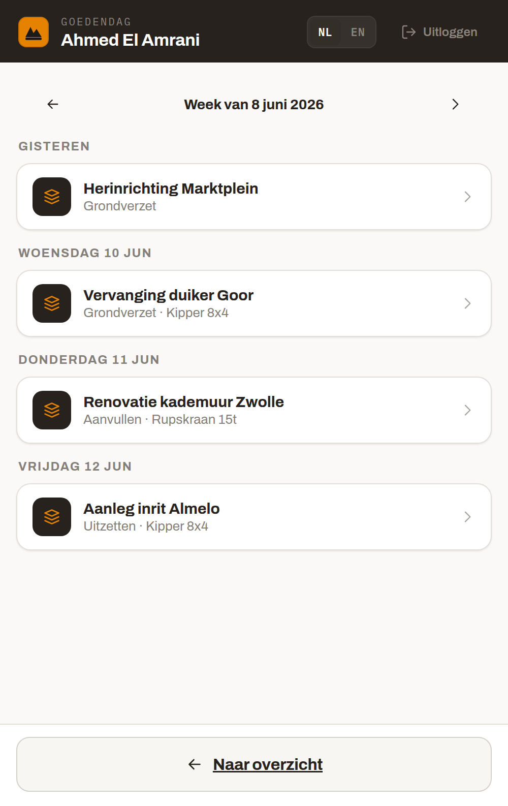 Mijn planning in de app: waar de medewerker deze week wordt verwacht, per dag