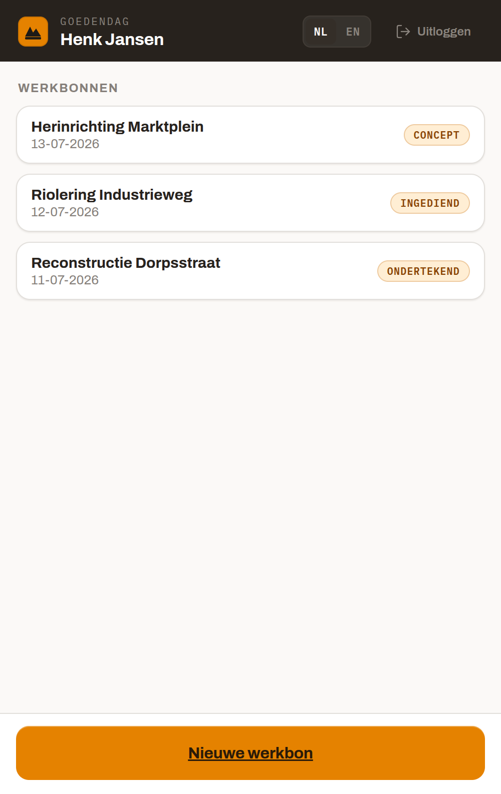 Telefoon-app: werkbonnen per project met de statussen concept, ingediend en ondertekend