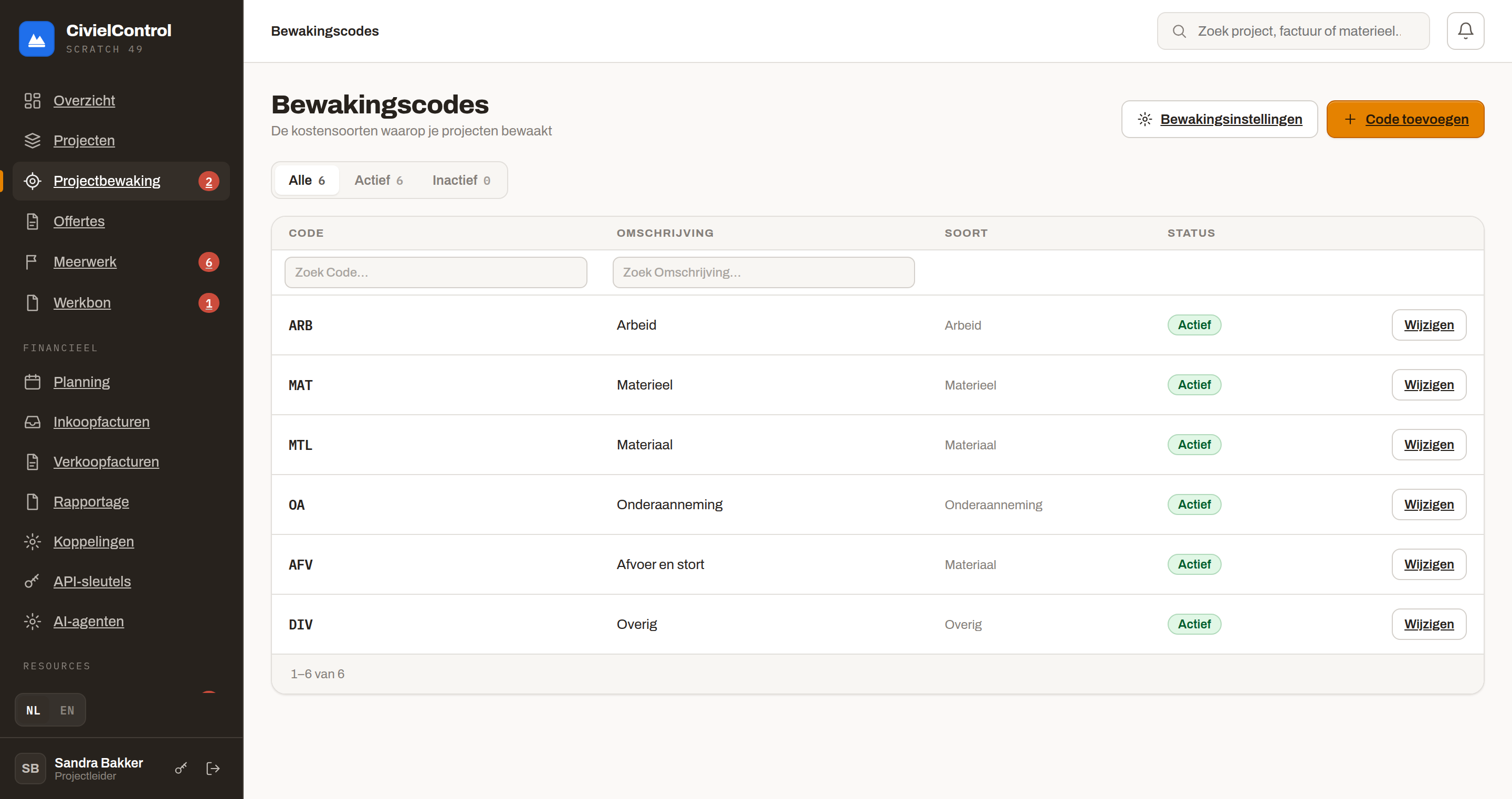 Bewakingscodes in CivielControl: arbeid, materieel, materiaal, onderaanneming, afvoer en overig