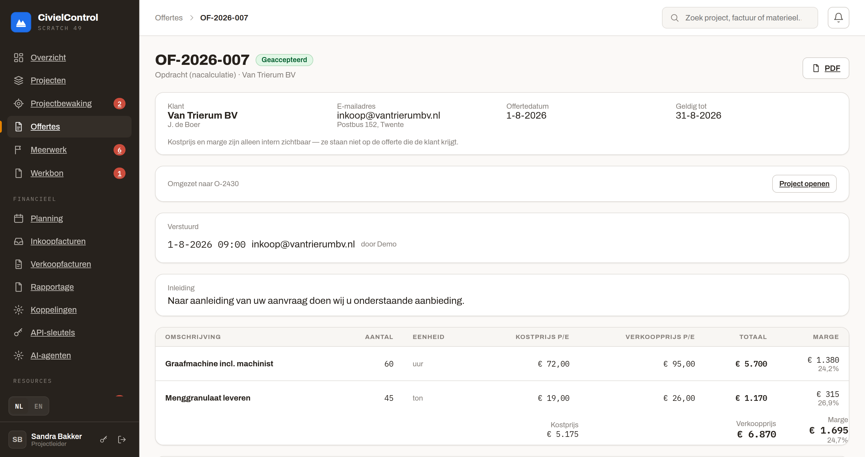 Offertedetail met calculatieregels: kostprijs, verkoopprijs, totaal en marge per regel