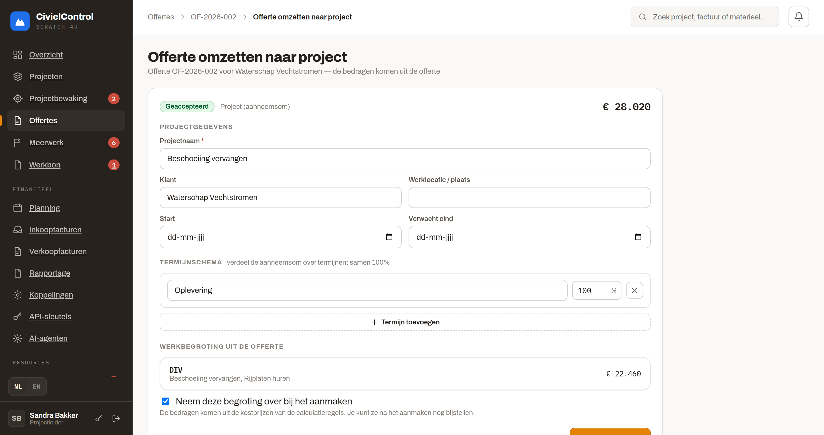 Gewonnen offerte omzetten naar project: aanneemsom en termijnschema bevestigen