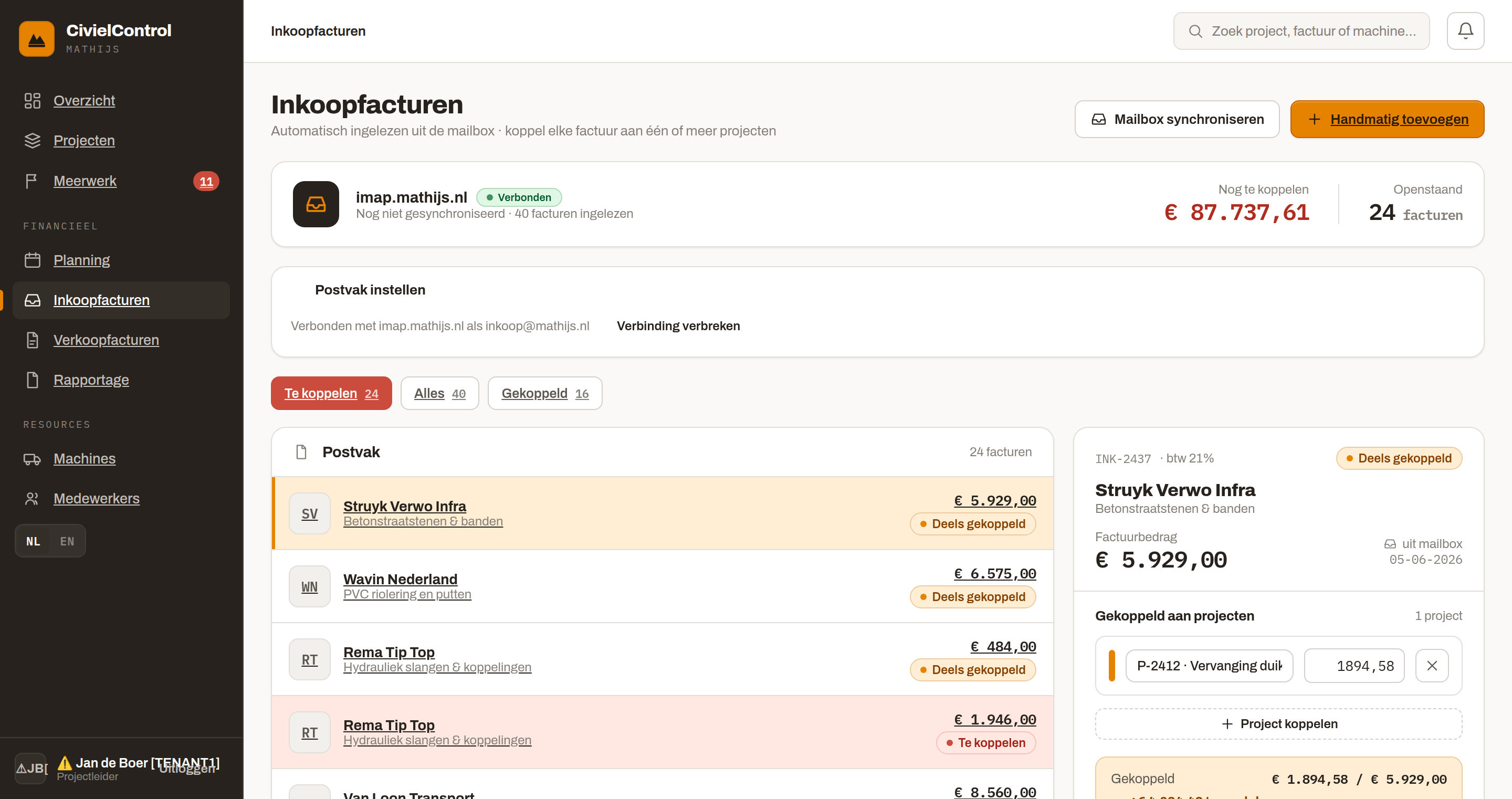 Inkoopfacturen in CivielControl, ingelezen uit de mailbox en gekoppeld aan projecten